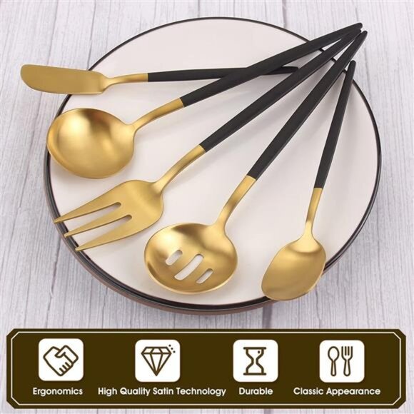 Matte Black Gold Serving Silverware Set, 5-Piece Round Shared Utensils Set - Picture 3 of 7